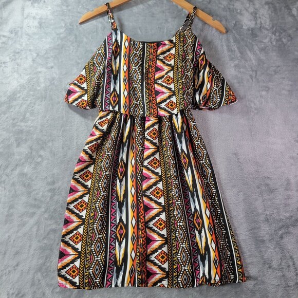 Rue21 Juniors Cold Shoulder Aztec‎ Print Dress M Multicolor Boho Festival Summer - Picture 1 of 8